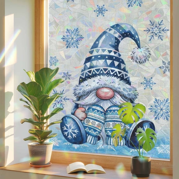 Blue Gnomes Christmas Window Privacy Film Rainbow Static Cling Stain Glass Window Film for Glass Door, Decorative Sunroof Decal Sticker for Car Bathroom Home 23.6"x59" Xmas Snowflake Hello Winter