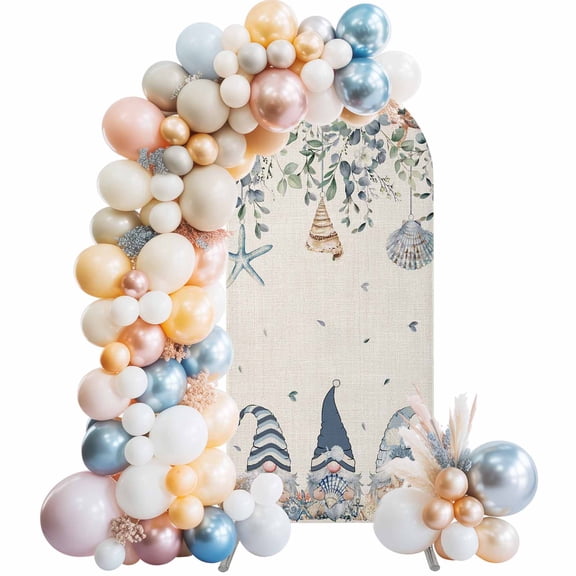 Blue Gnomes Coastal Arch Backdrop Cover, Spandex Fitted Wedding Arch Cover, Summer Beach Eucalyptus Leaves Rustic Round Top Stand Covers for Birthday Ceremony Bridal Shower Party Decor 7.2x4 Ft