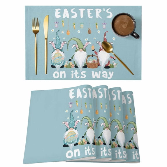 Blue Gnomes Easter Placemats Set of 6, Eggs Botanical Carrot Pastoral Placemats for Dining Table, Place Mats for Kitchen Tabletop, Waterproof Wipeable Dining Table Mats Set