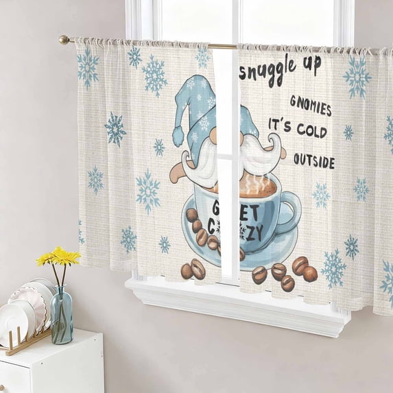 Blue Gnomes Sheer Curtains 45 Inch Length 2 Panels Set Window Treatments, Coffee Snowflake Winter Rustic Rod Pocket Semi Curtains for Living Room/Bedroom/Kitchen Décor, 104"W x 45"L