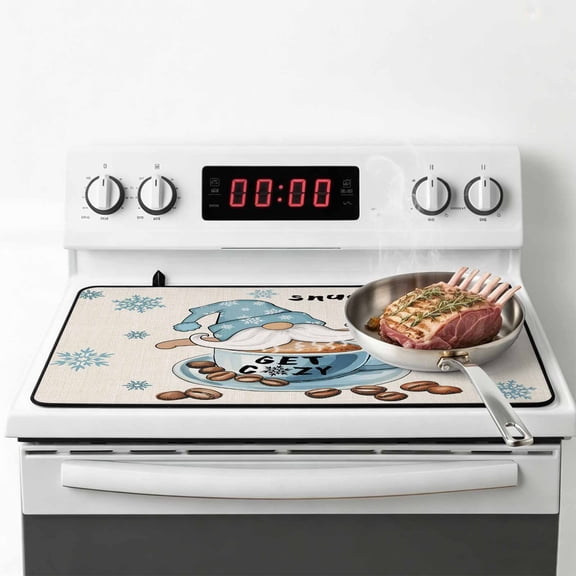 Blue Gnomes Stove Top Cover for Electric Stove, Heat-proof & Non Slip Glass Top Stove Cover Protector, Coffee Snowflake Winter Rustic Kitchen Flat Cooktop Rubber Mat 28.5x20.5 Inches