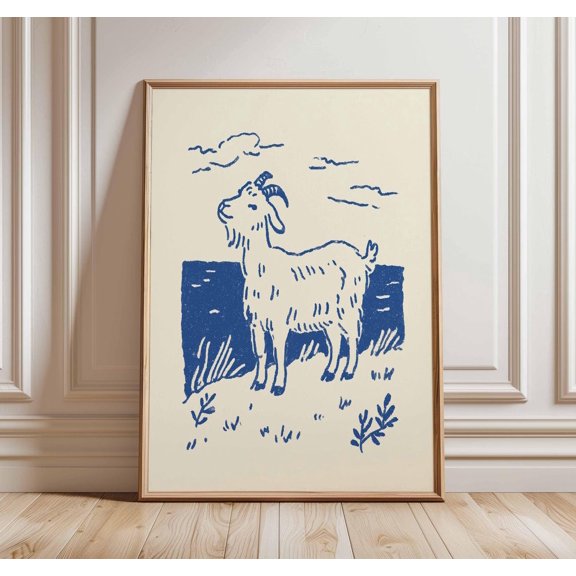 Blue Goat Poster, Rustic Farmhouse Animal Art