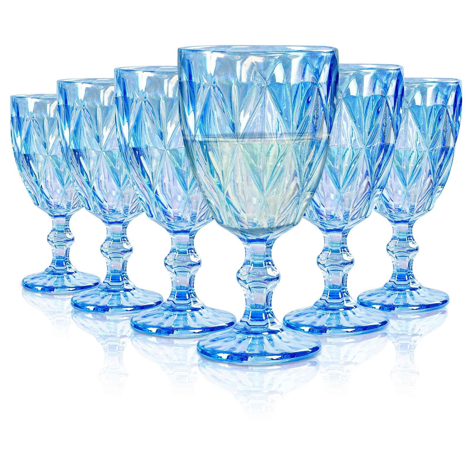 Blue Goblets Set of 6, 10oz Embossed Rhombus Wine Glasses, Blue Water ...