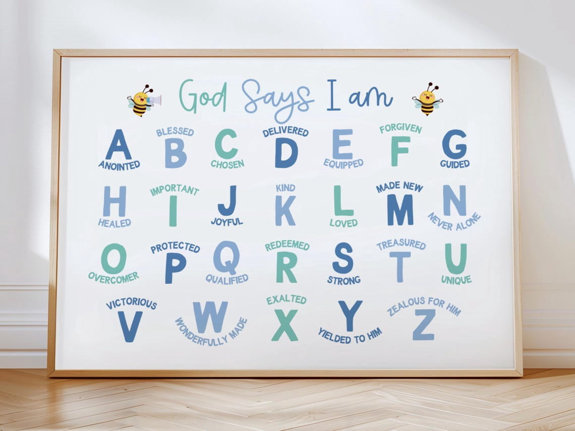 Blue God Says I am Affirmation for Boys Christian Alphabet ABC Poster ...