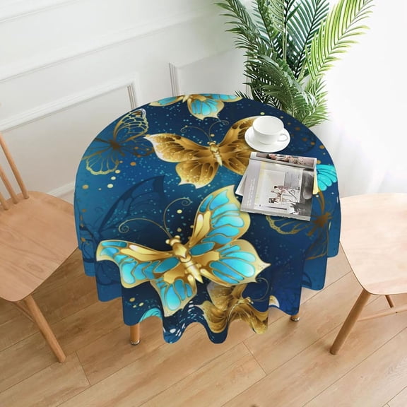 Blue Goden Butterfly Tablecloth Round 60 Inch Table Cloth Cover Mat Holiday Party Decoration for Dining Room Home Kitchen Picnic
