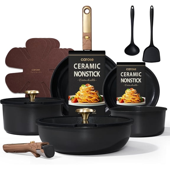 Blue & Gold 15-Piece Ceramic Non-Stick Cookware Set, PFAS-Free & Food Safe, Detachable Heat-resistant Handles, Smooth Non-stick Surface, Easy Clean & Dishwasher Safe, Universal Compatibility Fits Ind