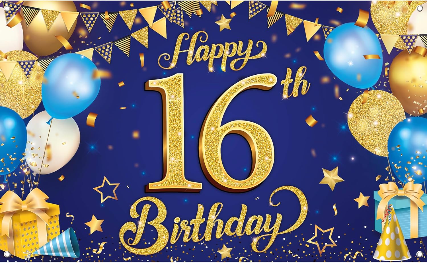 Poster Banner Per 16° Compleanno Ragazza Oro E Nero 90x180 Cm | Decorazione In Tessuto Con Scritta Happy 16th Birthday