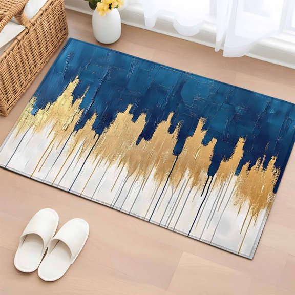 Blue Gold 2'x3' Washable Rug, Modern Street Art Splatter Foil Painting Non-Slip Soft Doormat Area Rugs for Entrance Bathroom Bedsides, Front Doormat Carpet for Kitchen Bedroom, Entryway Floor Mat