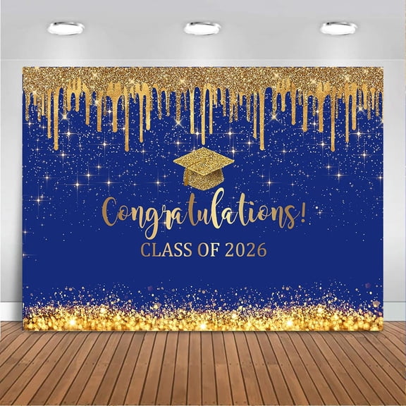 Blue and Gold 2026 Graduation Backdrop Glitter Class of 2026 Graduation Background Congratulations Grad Prom Party Decorations Banner Supplies Photo Booth Props
