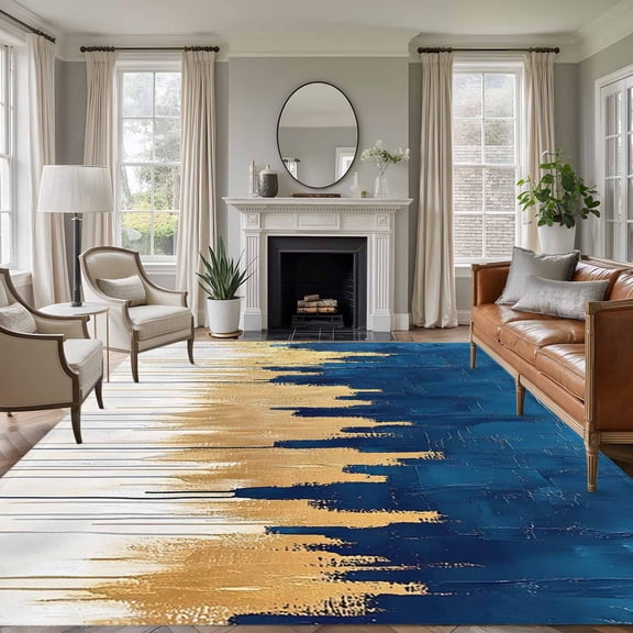 Blue Gold 6'x9' Area Rug for Living Room, Modern Street Art Splatter Foil Painting Non-Slip Floor Mat Rugs for Bedroom Dining Room, Indoor Large Carpet for Classroom, Nursery Rugs for Playroom