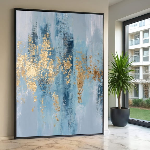 Blue Gold Abstract Canvas Modern Wall Decor Vertical Large Abstract Design Contemporary Home Decor Elegant Blue Canvas Print