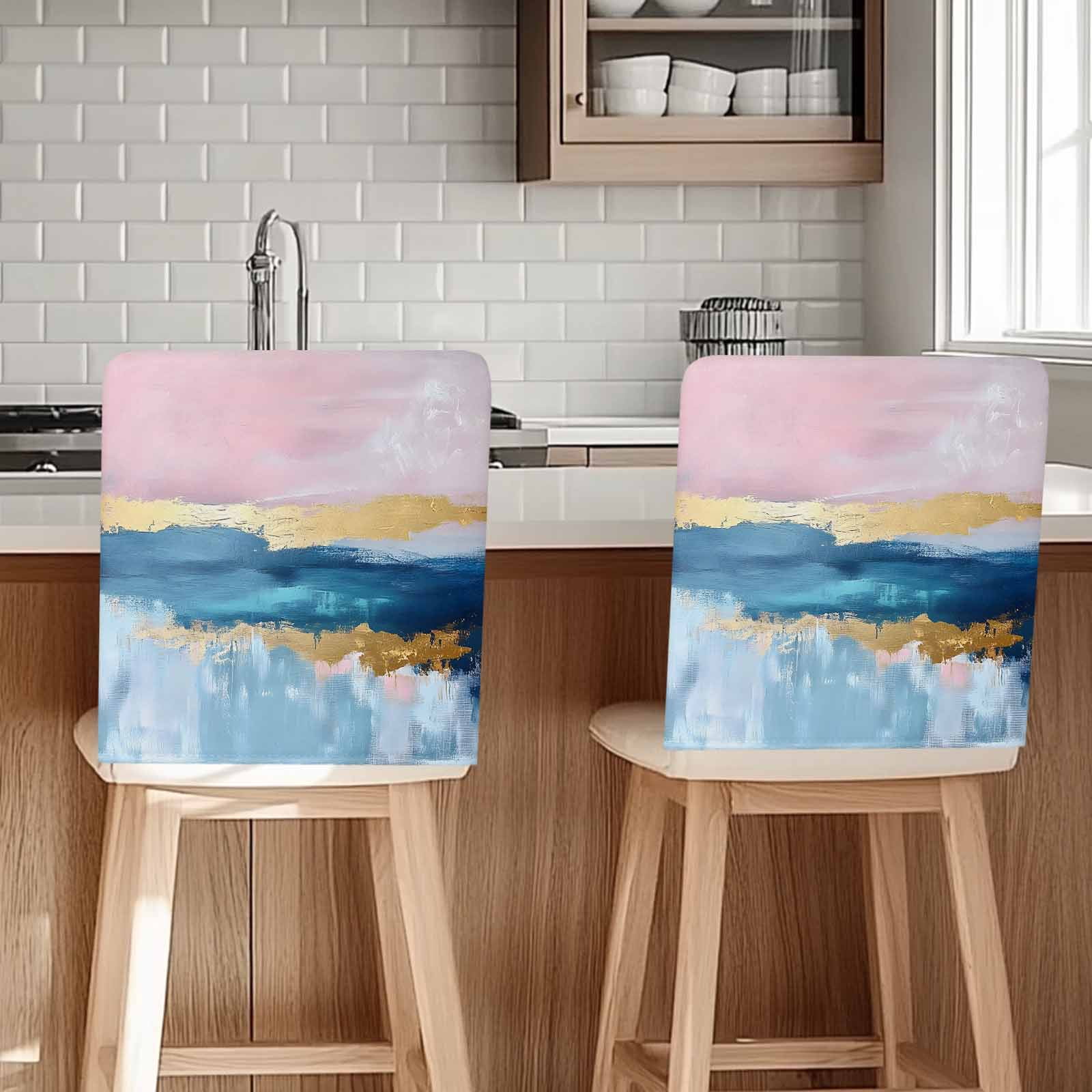 Blue Gold Abstract Chair Covers Set of 8 Oil Painting Chair Back Covers ...