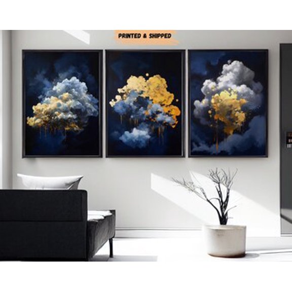Blue Gold Abstract Cloud Wall Art Prints Set, Gallery Decor