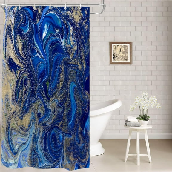 Blue Gold Abstract Marble Decor Shower Curtain, Bathroom Decor Polyester Fiber Plastic Rings Quick-Drying Waterproof for Bathtubs/Bathroom, 72x36 inches