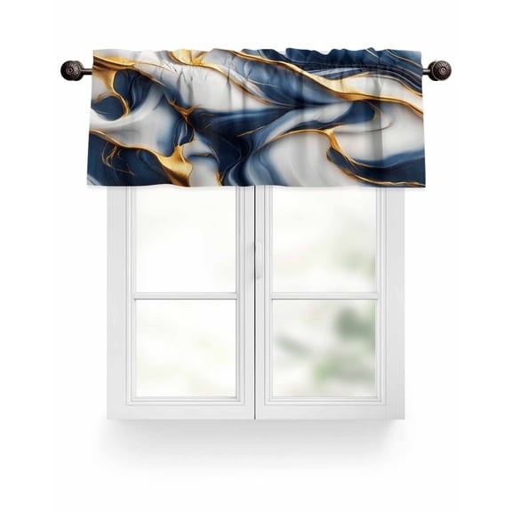 Blue Gold Abstract Marble Texture Kitchen Valances for Windows Modern Fluid Art Line Valance Curtains&nbsp; for Kitchen /Living Room/Bedroom/ Bathroom Decor, 54"x18 " ,Rod Pocket 1 Panel,