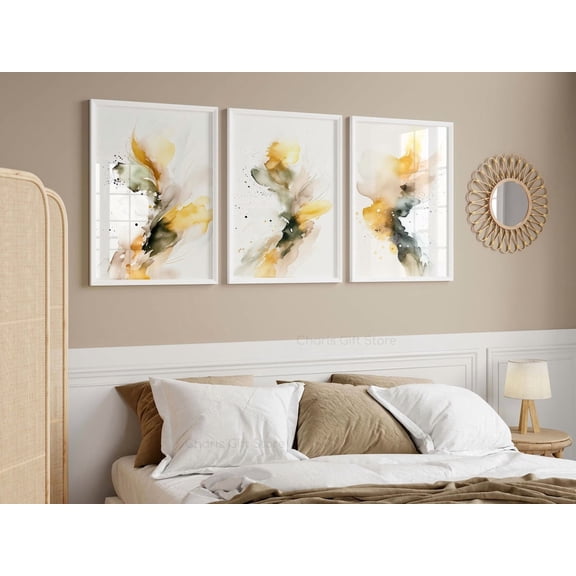 Blue Gold Abstract Prints Modern Wall Art, Stretched Canvas