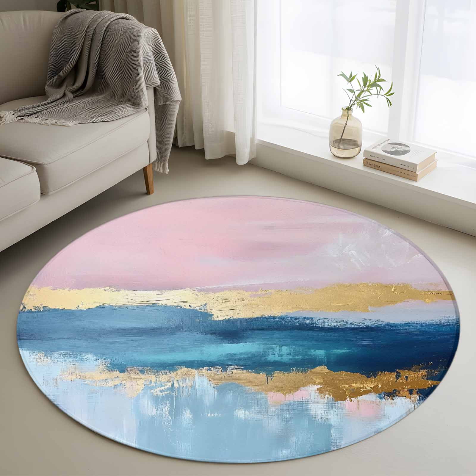 Oil Rug Blue Gold Abstract Round Rugs for Living Room 4ft Oil Painting Modern ...