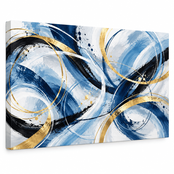 Blue Gold Abstract Wall Art, Modern Canvas, Contemporary Decor, 24x16in Stretched Canvas Wall Art with Inner Frame, Printed Picture for Home Living Room Bedroom Decor