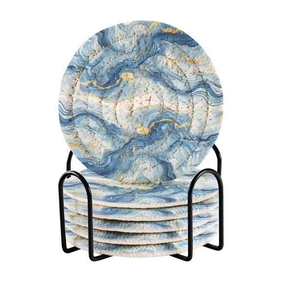Blue Gold Agate 6 Pcs Drink Coasters with Holder Absorbent Coasters Woven Coasters for Drinks Table Desk Protection Home Decor