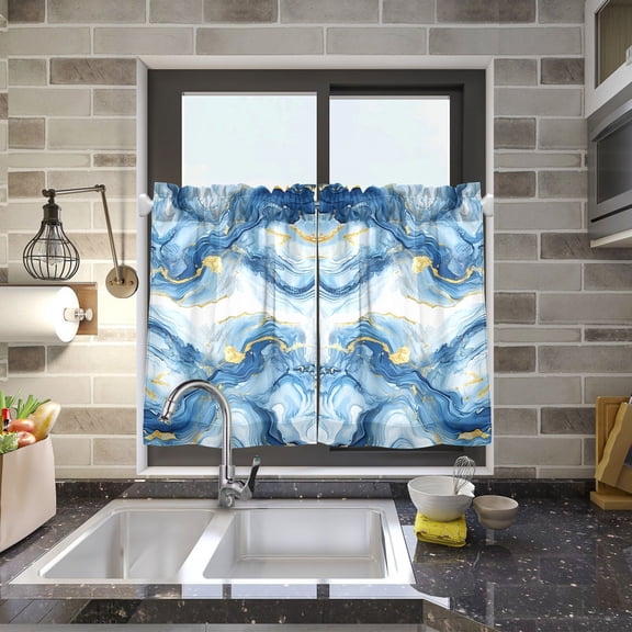 Blue Gold Agate Kitchen Curtains Half Tier Curtain 2 Rod Pockets Bathroom Bedroom Cupborad Living Room 27"x24"