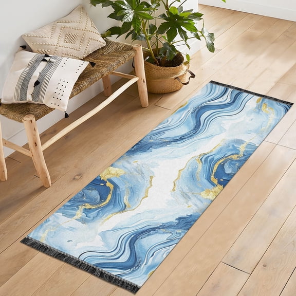 Blue Gold Agate Runner Rug Machine Washable Area Rugs Carpet Non Slip Entryway Mat for Bedroom Entryway Front Door