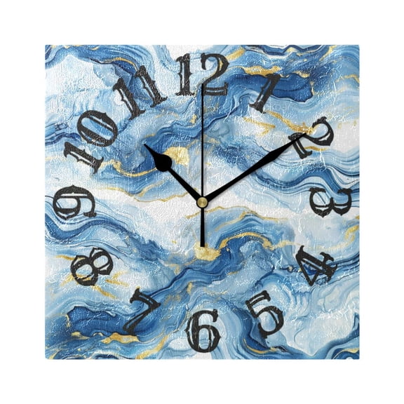 Blue Gold Agate Wall Clock Square Silent Non Ticking Battery Operated Clock for Home Bathroom Kitchen Bedroom Living Room