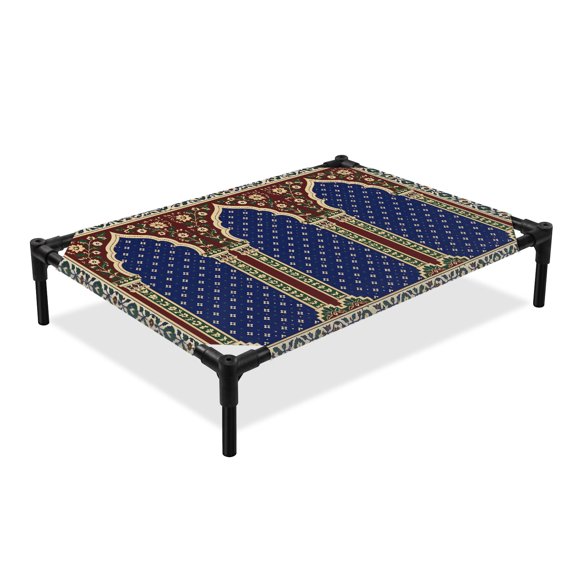 Blue Gold Arched Elevated Dog Bed, Vintage Ethic Traditional Floral Vines Symmetrical Cooling Breathable Outdoor Raised Dog Cot Bed with Metal Frame Non-Slip Feet for Medium Dog 24x20in