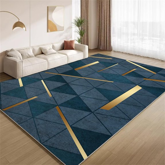 Blue and Gold Area Rugs Modern Triangle Geometric Texture Indoor Rugs Machine Washable Breathable Non Slip Carpet for Living Room Bedroom Study Office Entrance Foyer 5x8ft