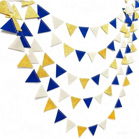 Blue Gold Beige Glitter Felt Triangle Pennant Banner, Mini Bunting for Birthday, Wedding, Graduation & Nursery Decor