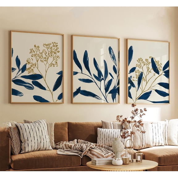 Blue Gold Botanical Leaf Painted Floral Delicate Branches Set 3 Unframed Paper Print 8x12