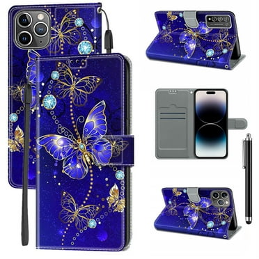 Blue Gold Butterfly 3D Pattern Magnetic Closure PU Leather Flip Cover with Card Holder and Kickstand Protective Wallet Phone Case For iPhone 16 16Pro 16ProMax 15 14 13 12 11 XR With Stylus Pen