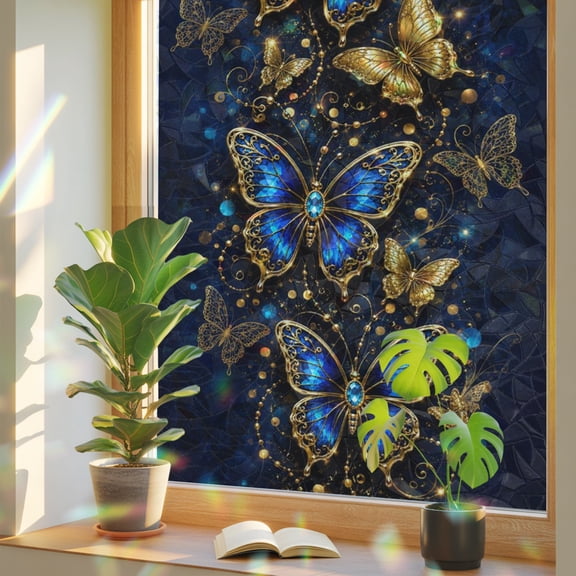 Blue Gold Butterfly Window Privacy Film, Luxury Magical Golden Butterfly Dark Navy Static Cling Stained Glass Window Sticker Decorative Removable Rainbow Film for Glass 17.7”x39.3”