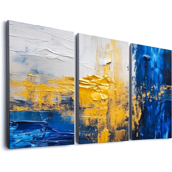 Blue and Gold Canvas Wall Art Abstract Navy Blue Framed Wall Decor Marble Textured Modern Grey Art Work Paintings Set of 3 Pieces Yellow Pictures for Living Room Bedroom Office - 12'' x 16''