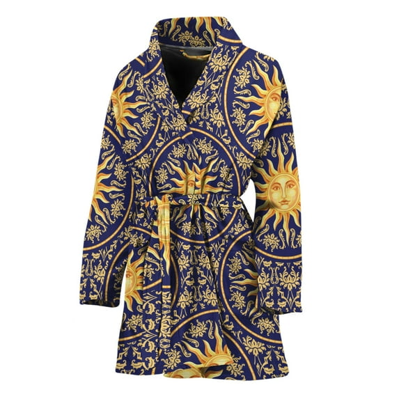 Blue And Gold Celestial Pattern Women Bathrobe One Size Univeral Fits, Lunar Heaven Cosmic Galaxy Fashion Lightweight Plush Fleece Long Robe For Women