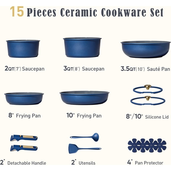 Blue&Gold Ceramic Cookware Set Non Toxic, PFAS ,15Pcs Pots and Pans Set Non Stick Detachable/Removable Handle,Kitchen Cooking Set Dishwasher Safe, Nonstick Pot and Pan, Induction Cookware