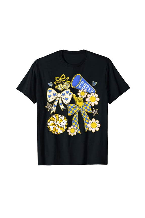 Blue & Gold Cheer Football Game Day Retro Coquette Bow T-Shirt