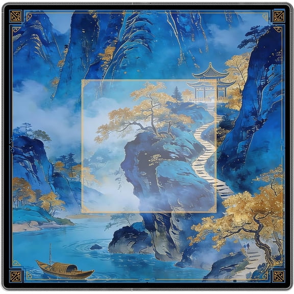 Blue and Gold Chinoiserie Mahjong Mat for Table 31.5x31.5 in, Traditional Chinese Mountain Pavilion Mahjong Table Mat Cover Anti Slip Noise Reduction for Mah Jong Card Board Tile Games