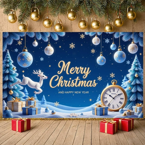 Blue & Gold Christmas Banner Snowflake Pattern Xmas Backdrop Reindeer Design Gift Box Festive Background for Christmas Party New Year Celebration Winter Gathering