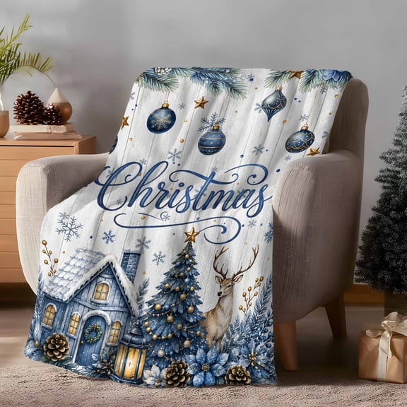 Blue Gold Christmas Throw Flannel Blanket Winter Cabin Deer Pine Tree Wood Grain Super Soft Cozy Bed Blanket, Lightweight Plush Fuzzy Bed Throw for Bedroom Sofa Couch Living Room 60x80in