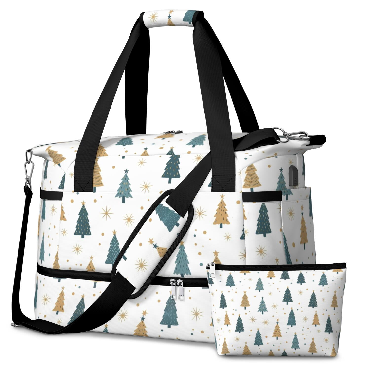Blue and Gold Christmas Tree Pattern Gym Duffel Bag 2 Piece Set, Carry ...
