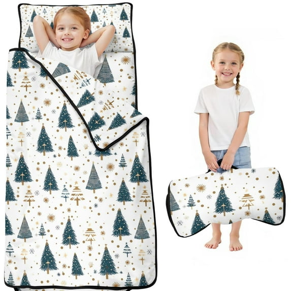 Blue and Gold Christmas Tree Pattern Toddler Nap Mats for Kids Preschool,50"x20" Sleeping Mat Bag or Kids,Toddler Sleeping Bag,Toddler Nap Mat or Daycare