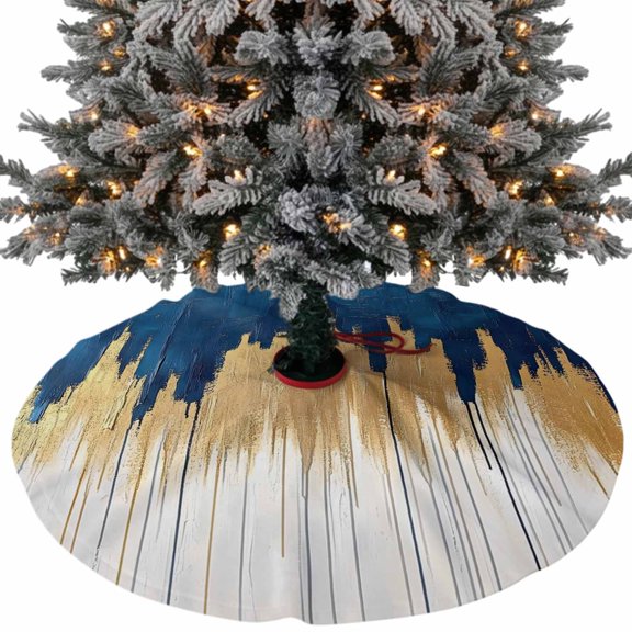 Blue Gold Christmas Tree Skirt 36 Inches, Modern Street Art Splatter Foil Painting Xmas Trees Skirt Mat Cover Decorations for Holiday Party Indoor Outdoor