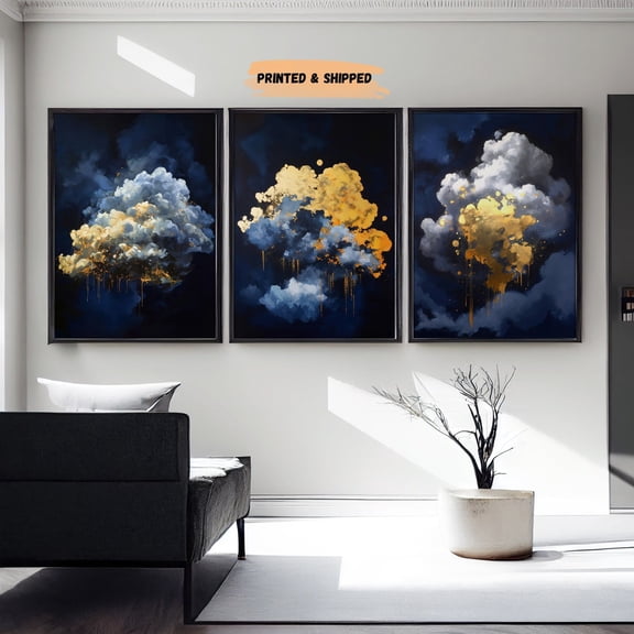 Blue Gold Cloud Abstract Wall Art Set 3 Unframed Paper Print 16x24