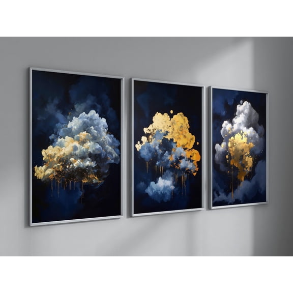 Blue Gold Cloud Abstract Wall Art Set 3 Unframed Paper Print 8x12