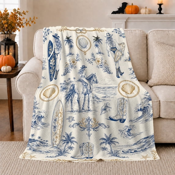 Blue Gold Coastal Cowgirl Flannel Blanket with Horse Rider, Surfboards, Palm Trees, Shell Frames Throw for Guest Room and Parlor, Home Decor Gift for Beach Rodeo Fans