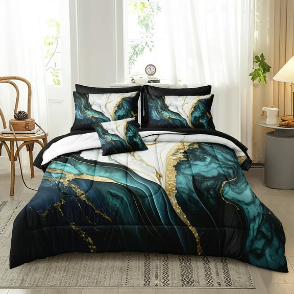 Blue and Gold Comforter Set 8 Pieces,Marble Bed in a Bag Queen Set,Abstract Marble Texture Modern Bedding Set,Soft Microfiber Lightweight Comforter Bed Set with Sheets and Pillowcases