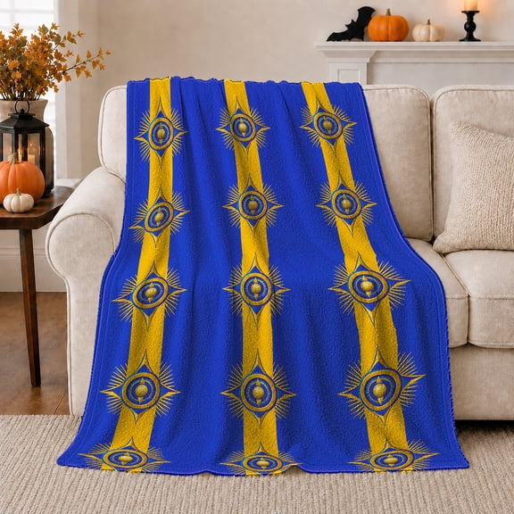 Blue and Gold Compass Medallion Stripes, Bold Geometric Pattern for Boho Fans, Housewarming Gift, Cozy Flannel Blanket for Bedroom and Reading Nook, Modern Home Decor