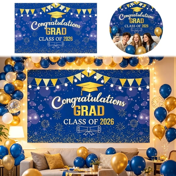 Blue Gold Congrats Class Of 2026 Banner Large Congratulations Graduation Banner Class Of 2026 Graduation For High School College Grad Party Graduation Season Graduation Gift Graduation