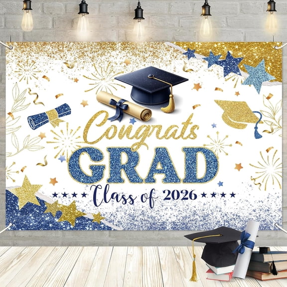 Blue Gold Congrats Grad Backdrop Class of 2026 Graduation Background Congratulate Graduate Party Decorations Banner Photo Booth Props