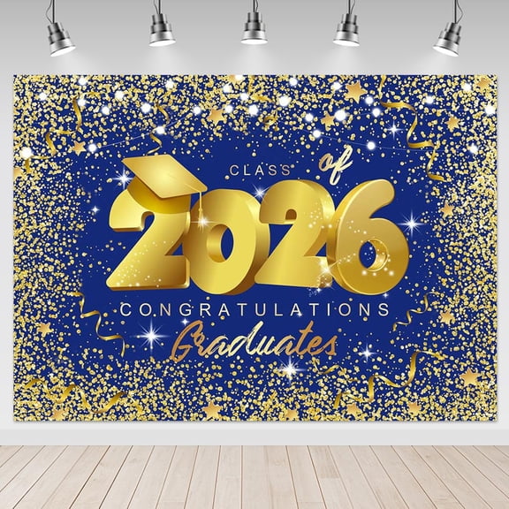 Blue Gold Congrats Grad Backdrop Class of 2026 Graduation Background Congratulate Graduate Party Decorations Banner Photo Booth Props